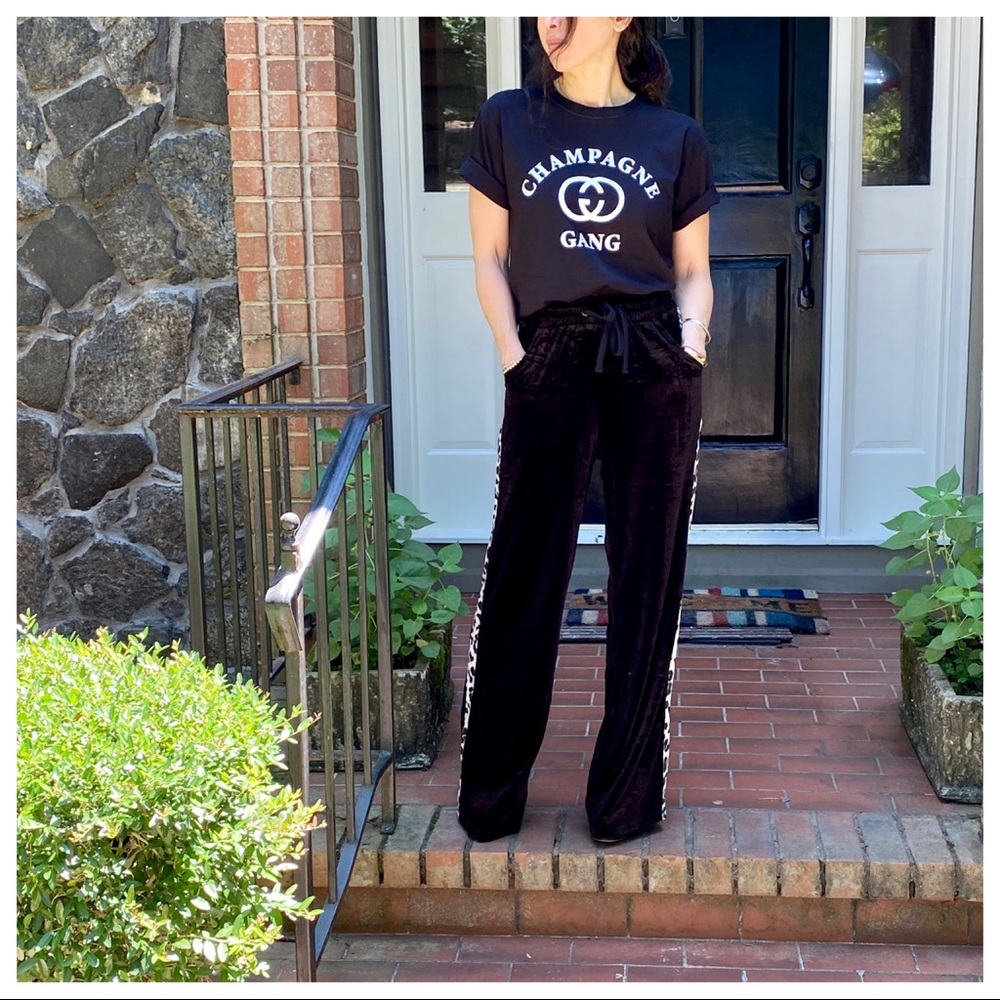 BLACK VELVET WIDE LEG PANTS W/LEOPARD SIDE TRIM - Picture 15 of 16
